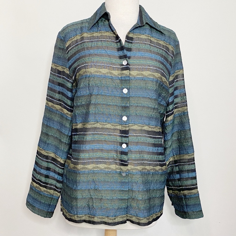 Coldwater Creek blue & green striped fiber detail top S